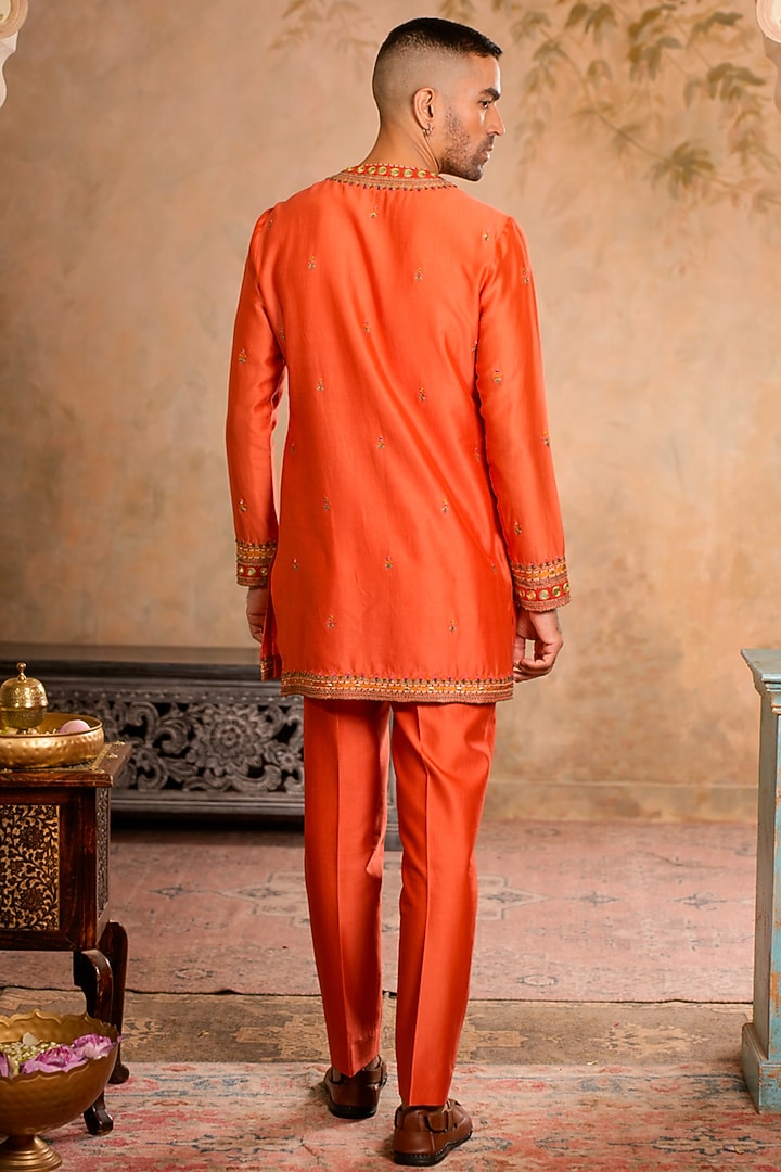 Peach Orange Chanderi Dori Embroidered Kurta Set by Studio Bagechaa Men at Pernia's Pop Up Shop