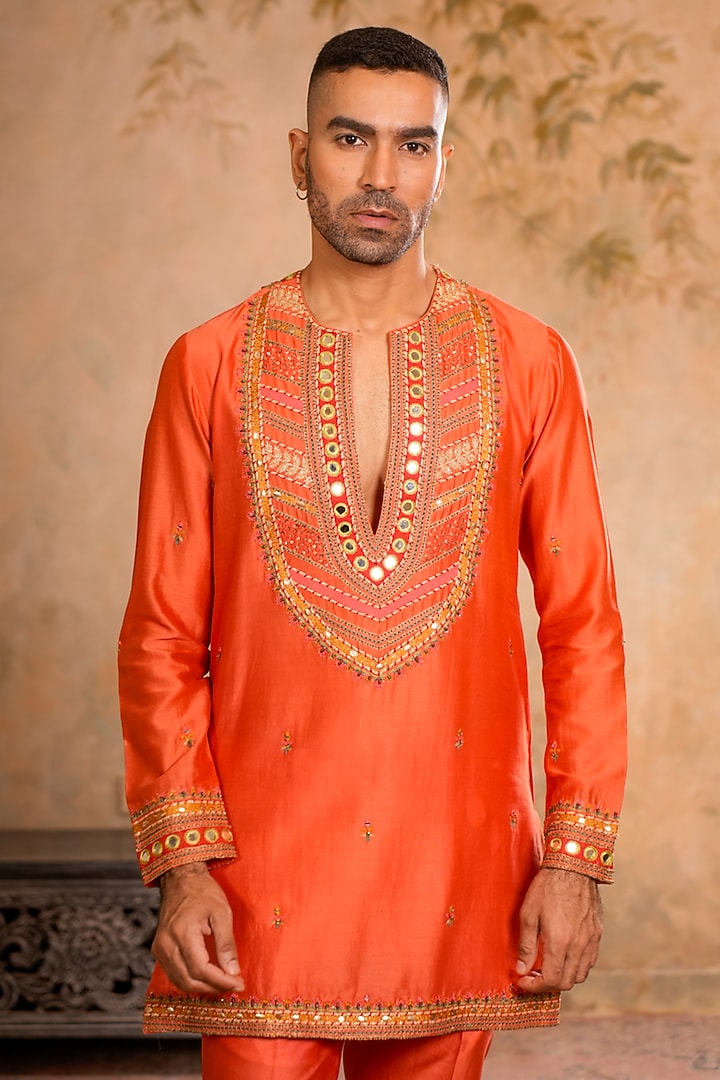 Peach Orange Chanderi Dori Embroidered Kurta Set by Studio Bagechaa Men at Pernia's Pop Up Shop