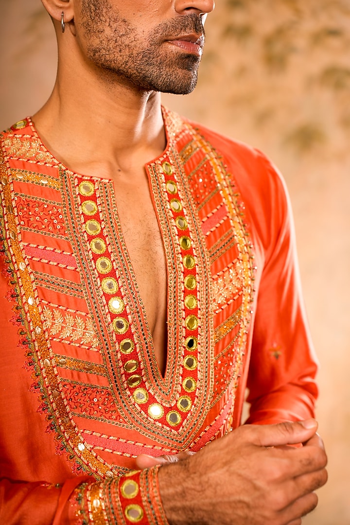 Peach Orange Chanderi Dori Embroidered Kurta Set by Studio Bagechaa Men at Pernia's Pop Up Shop
