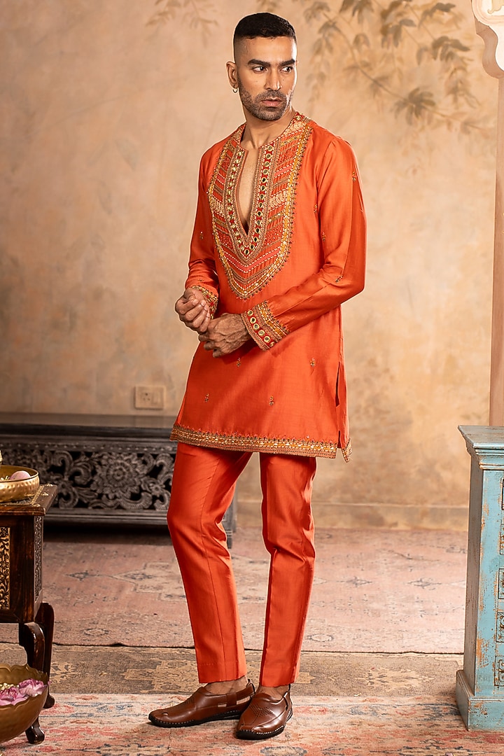 Peach Orange Chanderi Dori Embroidered Kurta Set by Studio Bagechaa Men at Pernia's Pop Up Shop