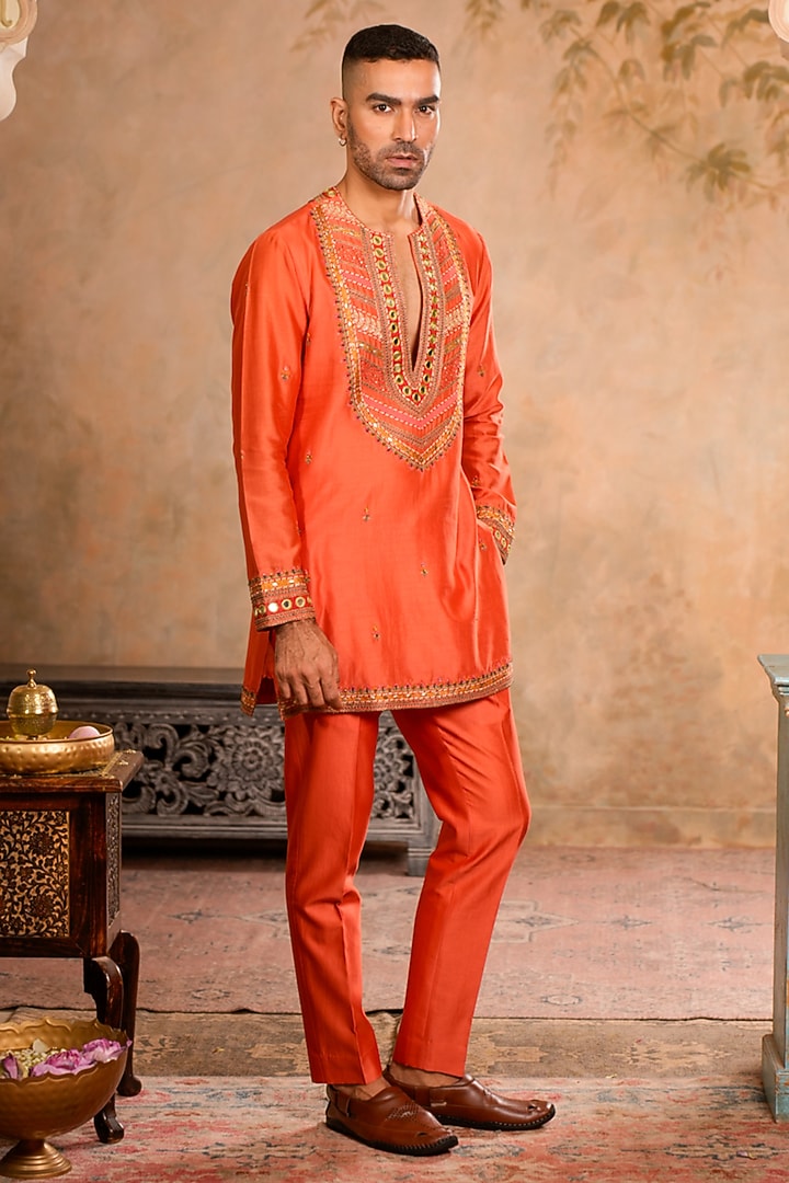 Peach Orange Chanderi Dori Embroidered Kurta Set by Studio Bagechaa Men at Pernia's Pop Up Shop