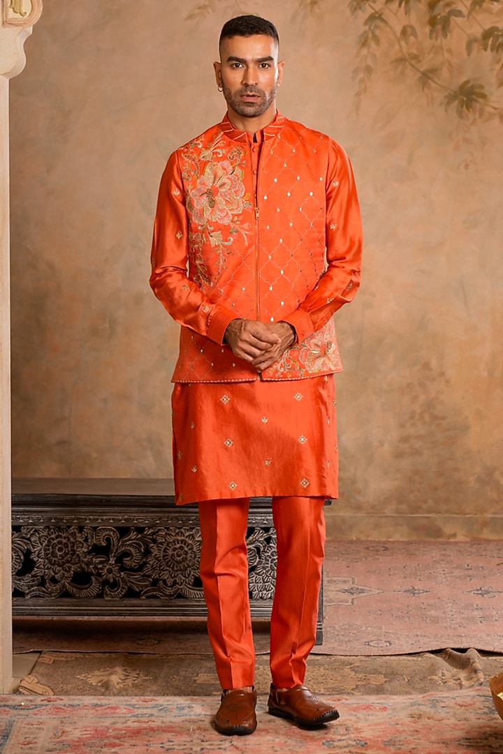 Peach Orange Linen Satin Chanderi Dori Embroidered Bundi Jacket Set by Studio Bagechaa Men at Pernia's Pop Up Shop