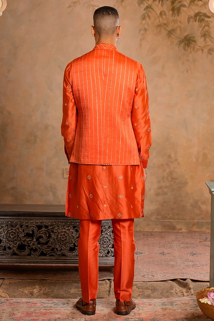 Peach Orange Linen Satin Chanderi Dori Embroidered Bundi Jacket Set by Studio Bagechaa Men at Pernia's Pop Up Shop
