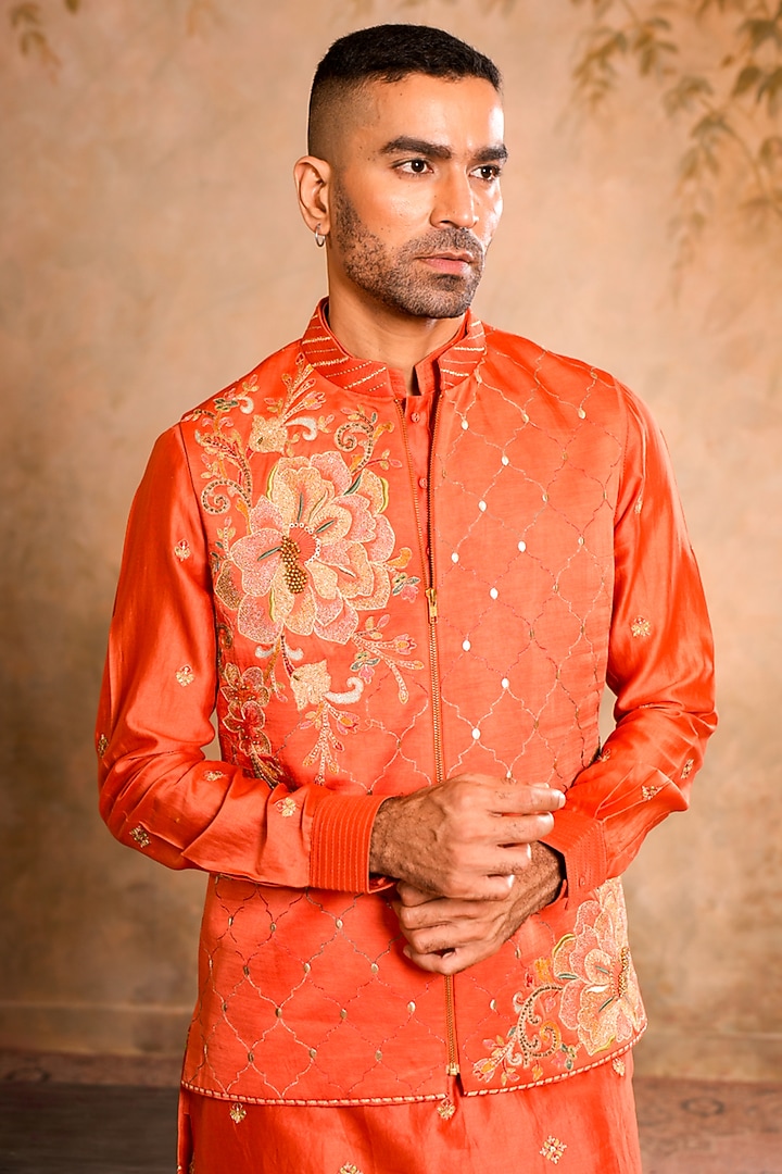 Peach Orange Linen Satin Chanderi Dori Embroidered Bundi Jacket Set by Studio Bagechaa Men at Pernia's Pop Up Shop
