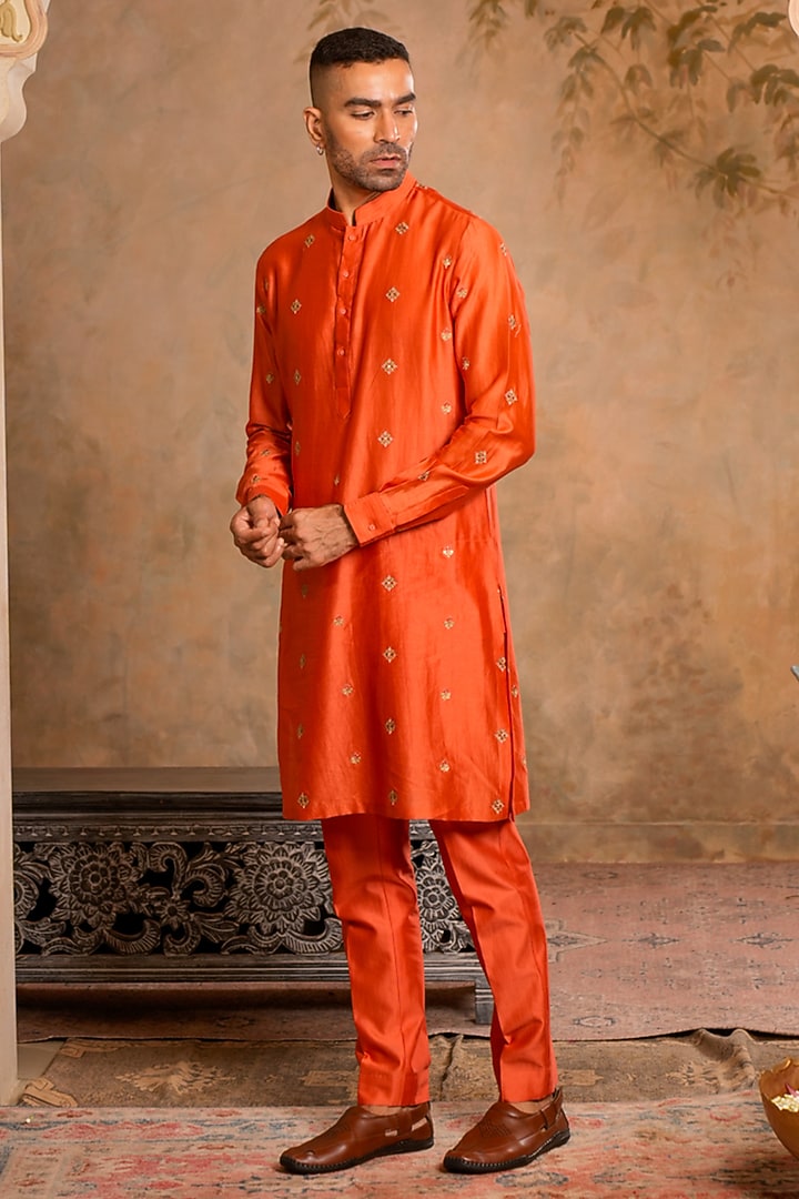 Peach Orange Linen Satin Chanderi Dori Embroidered Bundi Jacket Set by Studio Bagechaa Men at Pernia's Pop Up Shop