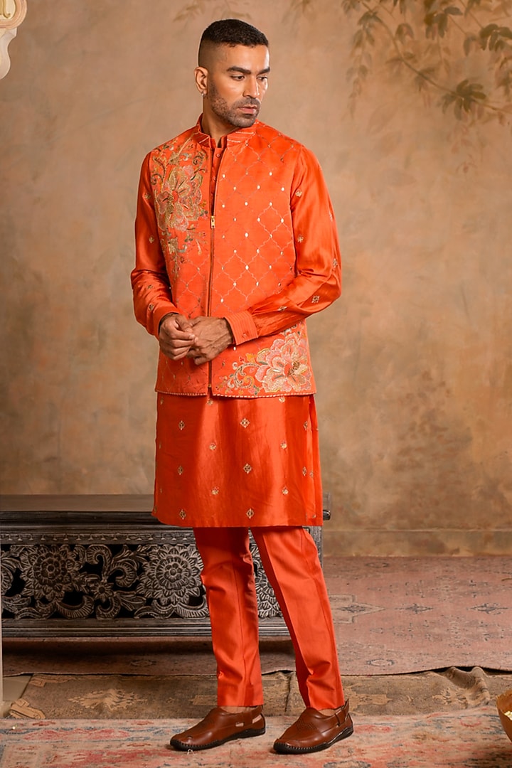 Peach Orange Linen Satin Chanderi Dori Embroidered Bundi Jacket Set by Studio Bagechaa Men at Pernia's Pop Up Shop