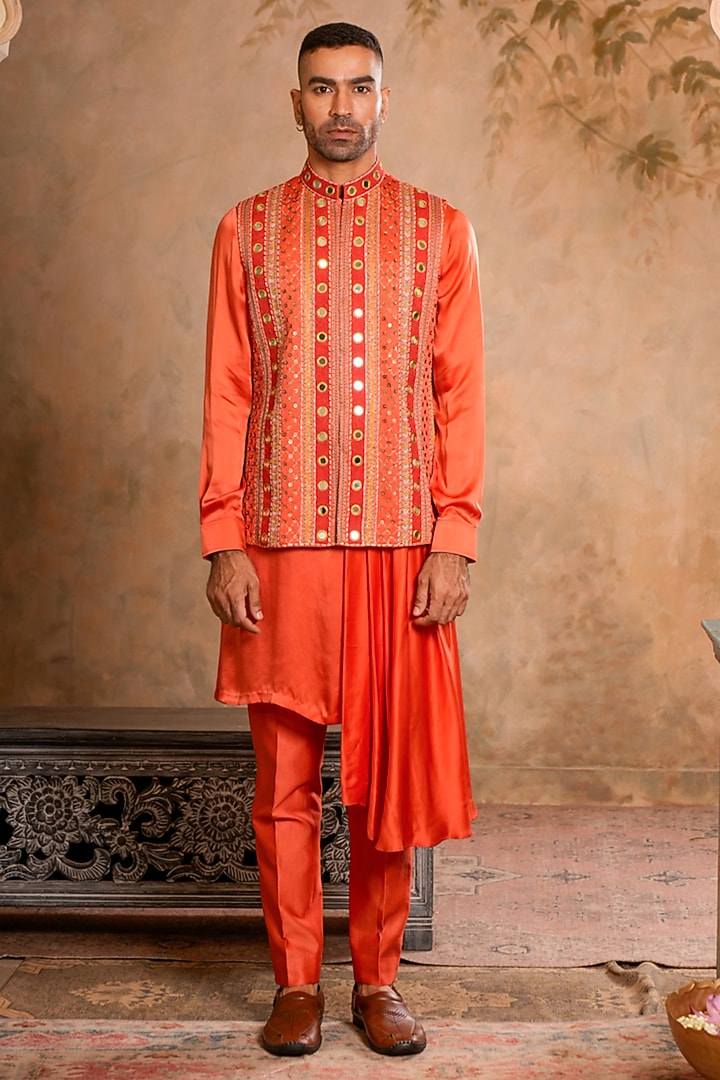 Peach Orange Linen Satin Chanderi Dori Embroidered Bundi Jacket Set by Studio Bagechaa Men at Pernia's Pop Up Shop