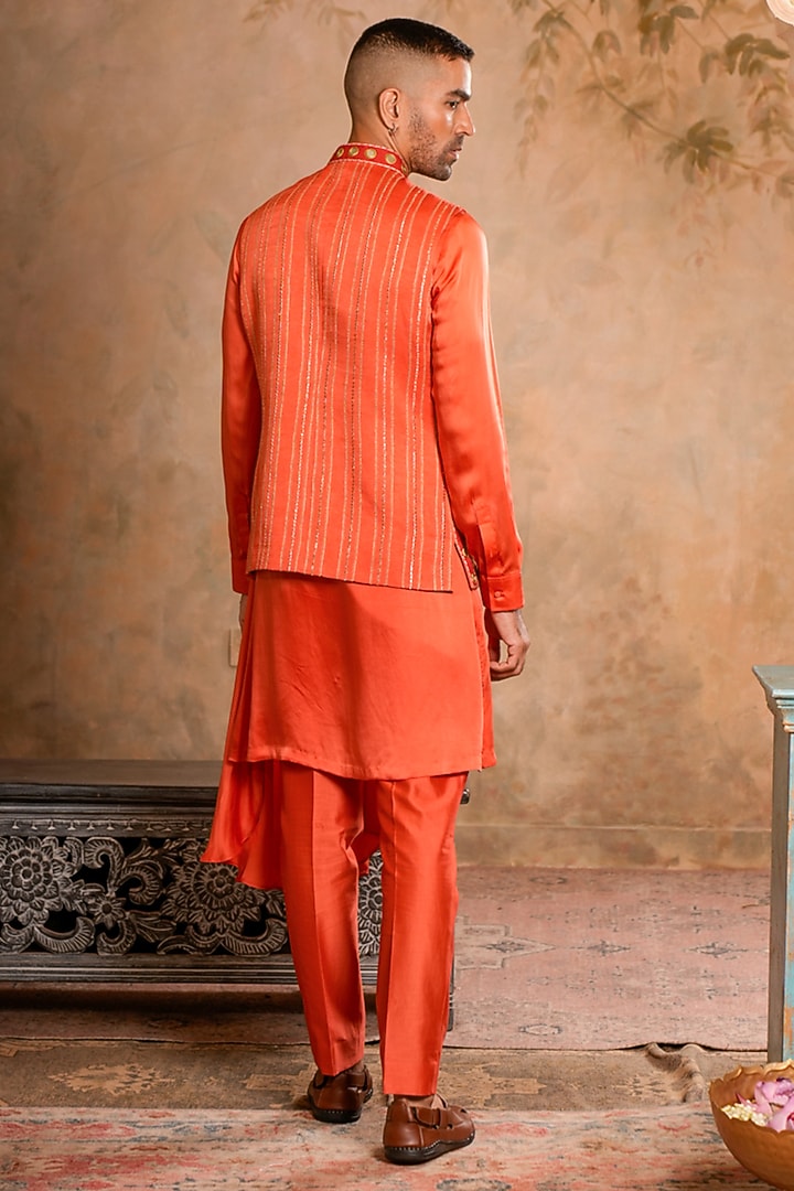 Peach Orange Linen Satin Chanderi Dori Embroidered Bundi Jacket Set by Studio Bagechaa Men at Pernia's Pop Up Shop