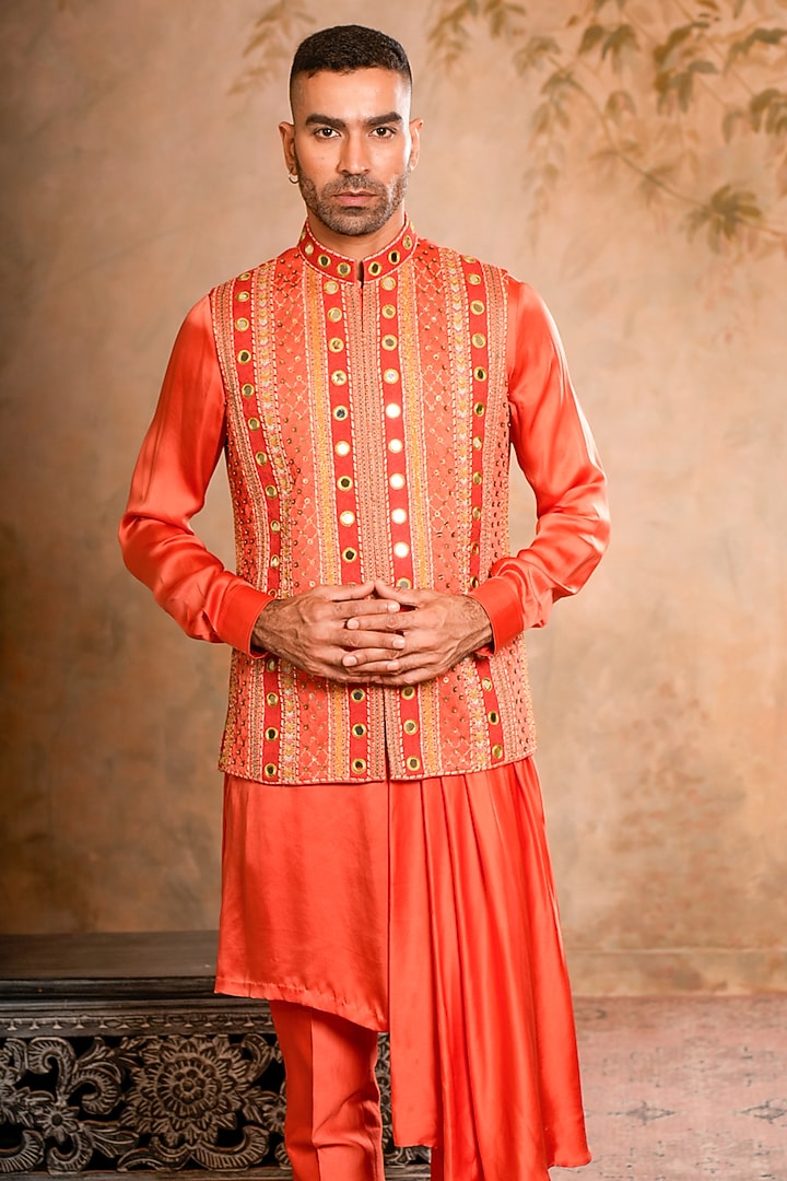 Peach Orange Linen Satin Chanderi Dori Embroidered Bundi Jacket Set by Studio Bagechaa Men at Pernia's Pop Up Shop