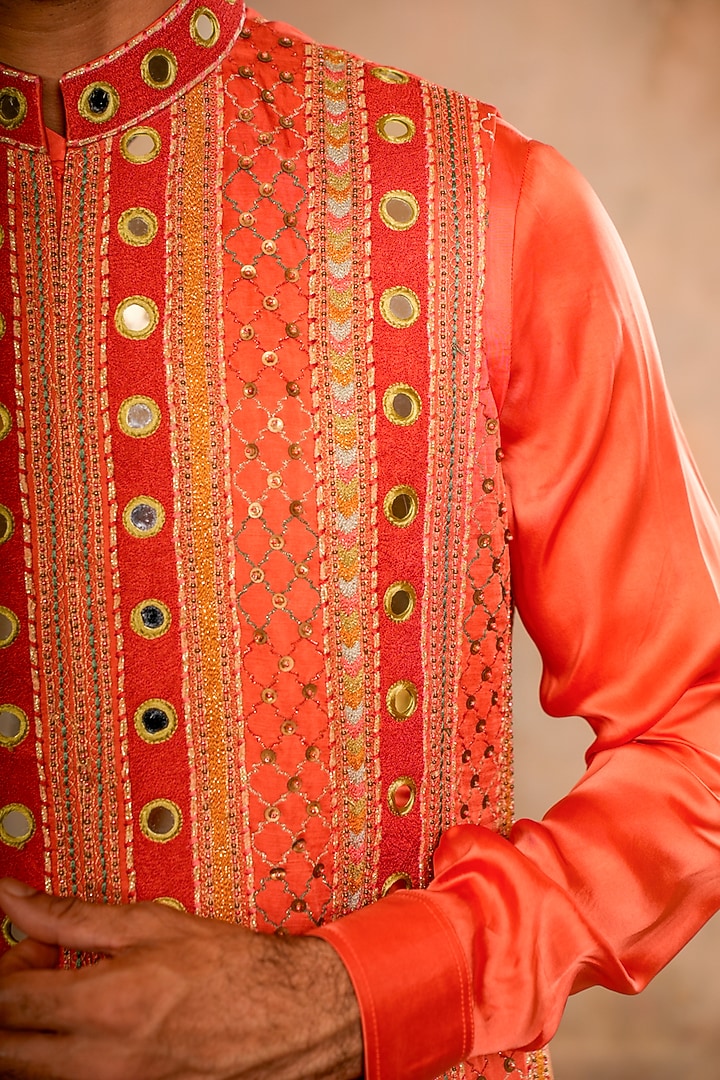 Peach Orange Linen Satin Chanderi Dori Embroidered Bundi Jacket Set by Studio Bagechaa Men at Pernia's Pop Up Shop