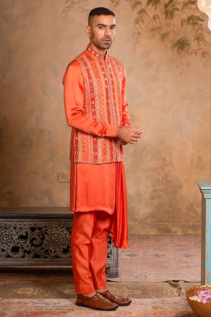 Peach Orange Linen Satin Chanderi Dori Embroidered Bundi Jacket Set by Studio Bagechaa Men at Pernia's Pop Up Shop