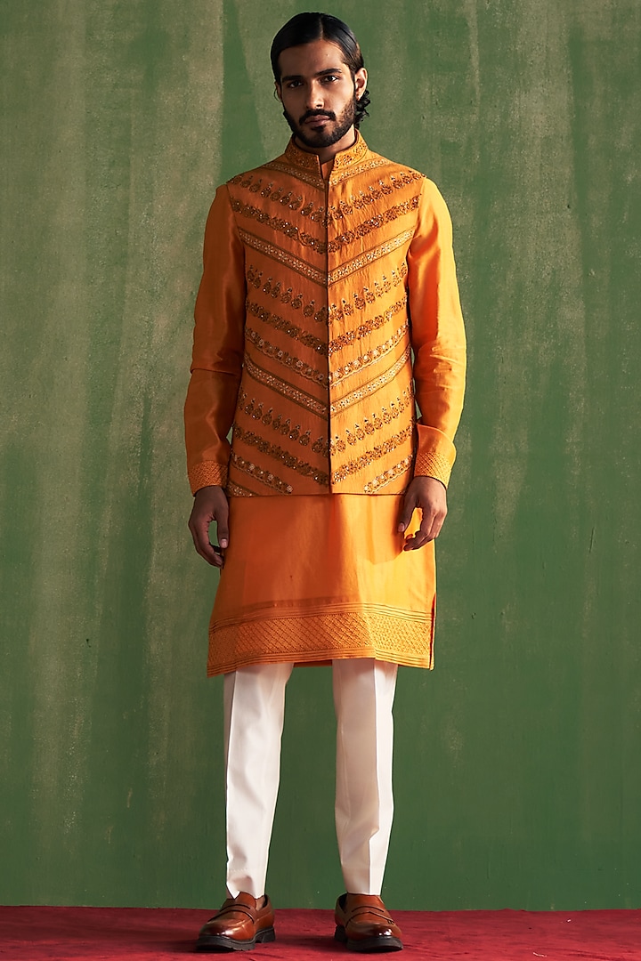 Yellow Linen Satin Floral Embroidered Bundi Jacket Set by Studio Bagechaa Men