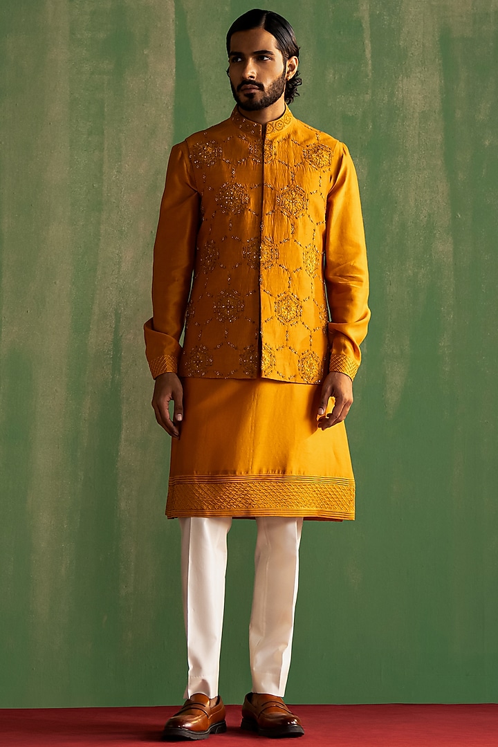 Yellow Linen Satin Embroidered Bundi Jacket Set by Studio Bagechaa Men