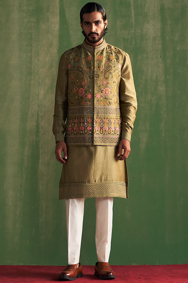 Sage Green Linen Satin Floral Embroidered Bundi Jacket Set by Studio Bagechaa Men