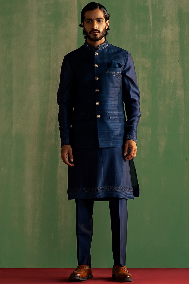 Midnight Blue Raw Silk Embroidered Bundi Jacket Set by Studio Bagechaa Men