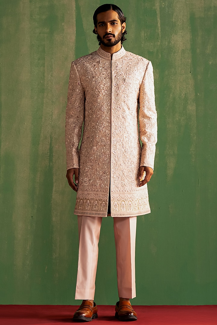 Peach Raw Silk & Chanderi Silk Hand Embroidered Groom Sherwani Set by Studio Bagechaa Men at Pernia's Pop Up Shop