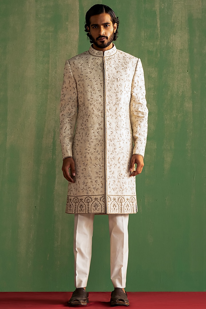 Ivory Raw Silk Hand Embroidered Wedding Sherwani Set by Studio Bagechaa Men at Pernia's Pop Up Shop