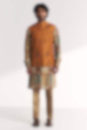 Mustard Linen Satin Floral Embroidered Nehru Jacket Set by Studio Bagechaa Men at Pernia's Pop Up Shop