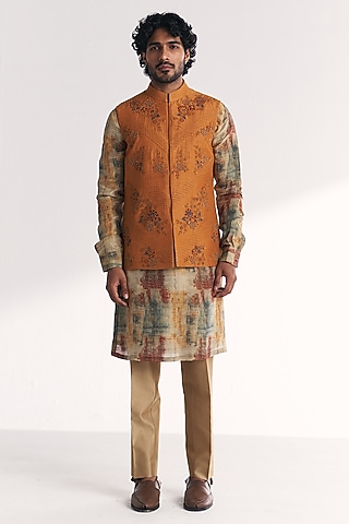 Mustard Linen Satin Floral Embroidered Nehru Jacket Set by Studio Bagechaa Men