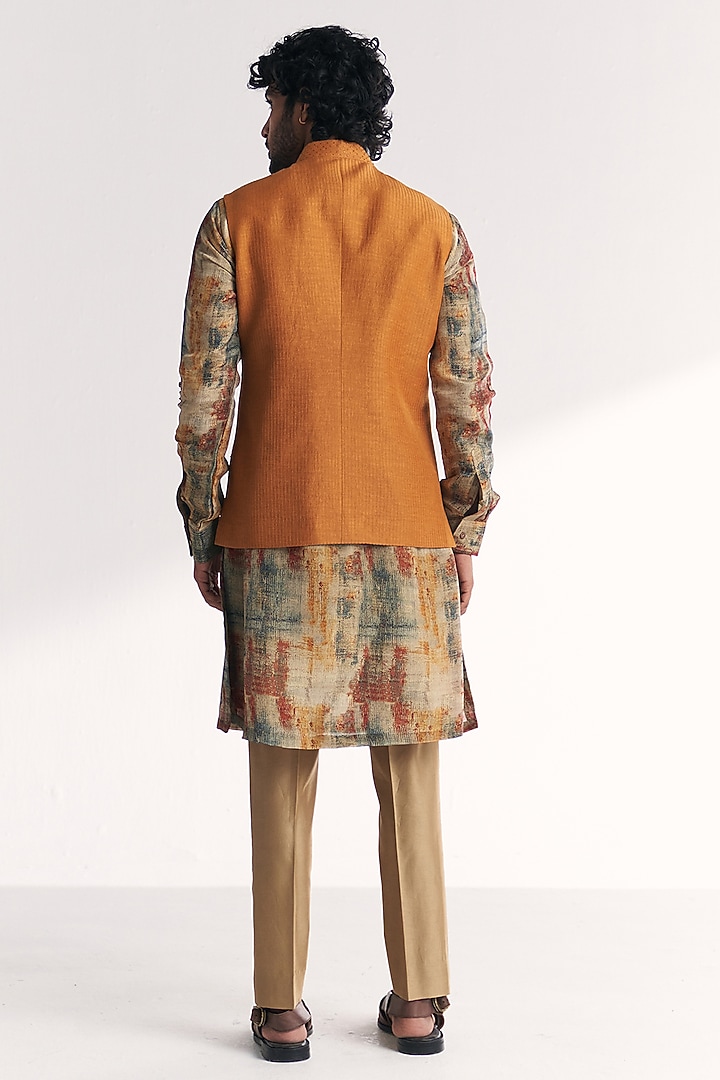 Mustard Linen Satin Floral Embroidered Nehru Jacket Set by Studio Bagechaa Men at Pernia's Pop Up Shop