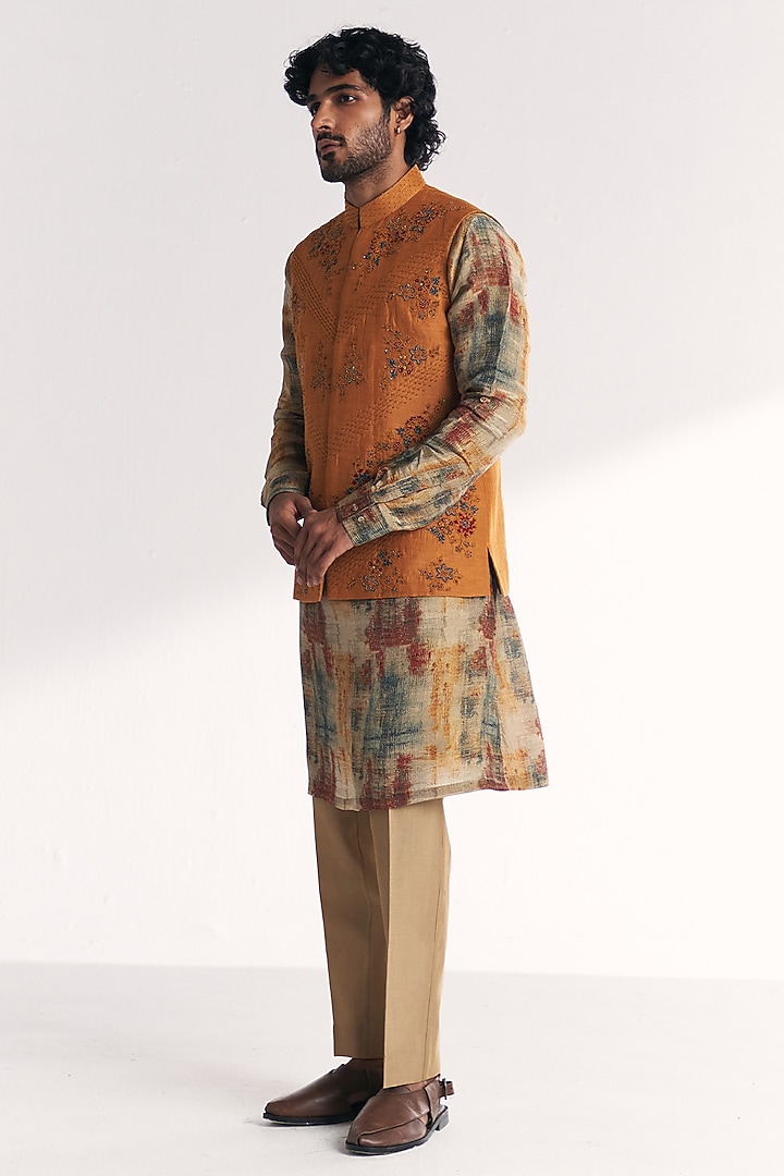 Mustard Linen Satin Floral Embroidered Nehru Jacket Set by Studio Bagechaa Men at Pernia's Pop Up Shop
