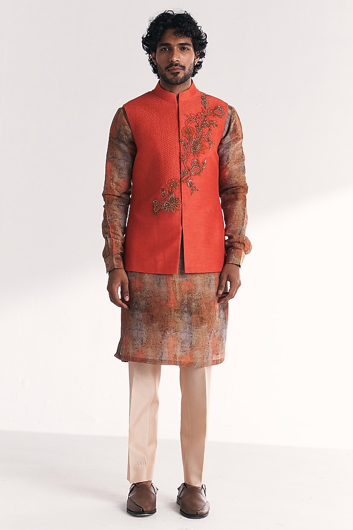 Tangerine Linen Satin Floral Embroidered Nehru Jacket Set by Studio Bagechaa Men at Pernia's Pop Up Shop