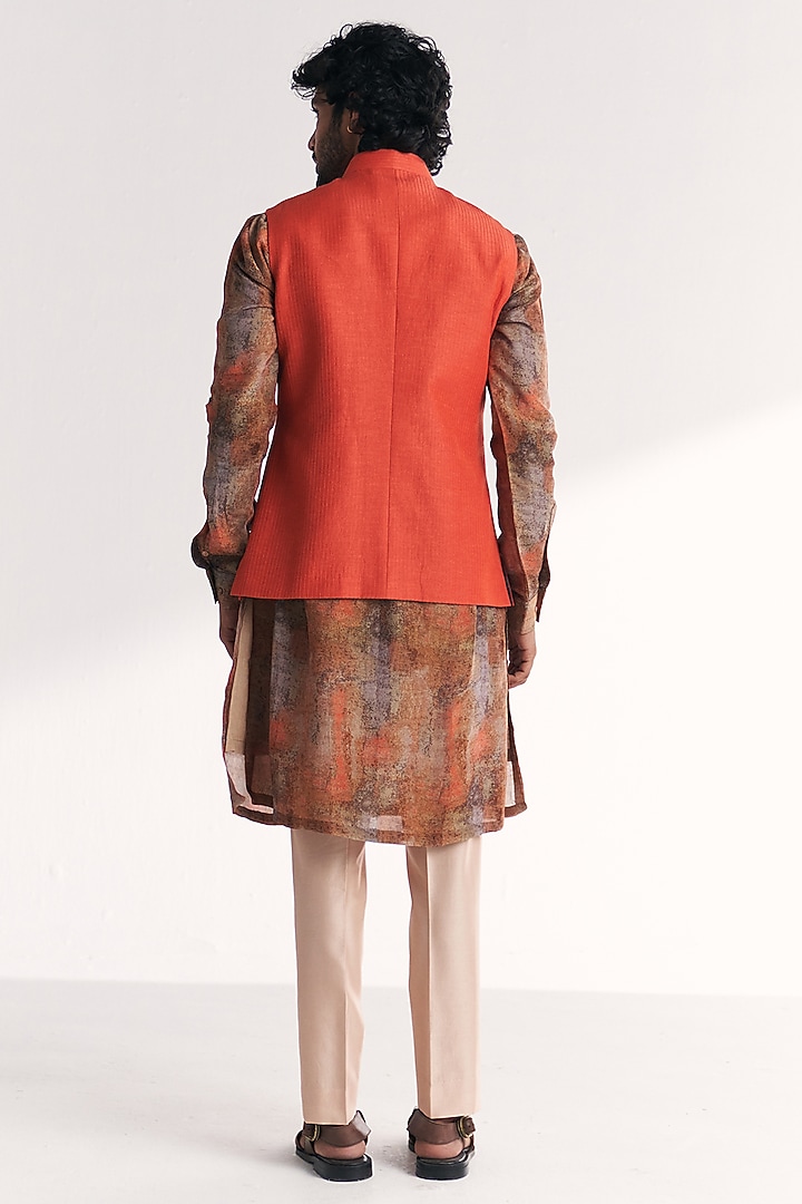 Tangerine Linen Satin Floral Embroidered Nehru Jacket Set by Studio Bagechaa Men at Pernia's Pop Up Shop