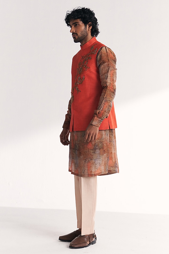 Tangerine Linen Satin Floral Embroidered Nehru Jacket Set by Studio Bagechaa Men at Pernia's Pop Up Shop