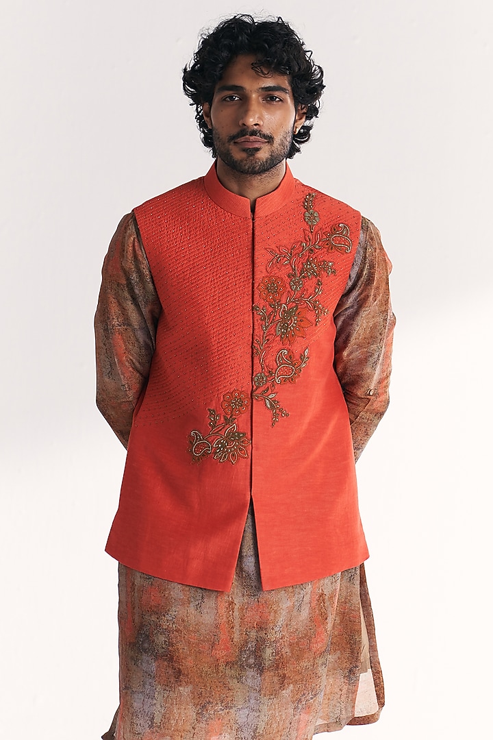 Tangerine Linen Satin Floral Embroidered Nehru Jacket Set by Studio Bagechaa Men at Pernia's Pop Up Shop