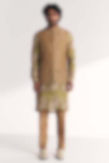 Green Linen Satin Floral Embroidered Nehru Jacket Set by Studio Bagechaa Men at Pernia's Pop Up Shop