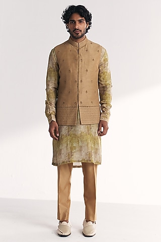 Green Linen Satin Floral Embroidered Nehru Jacket Set by Studio Bagechaa Men
