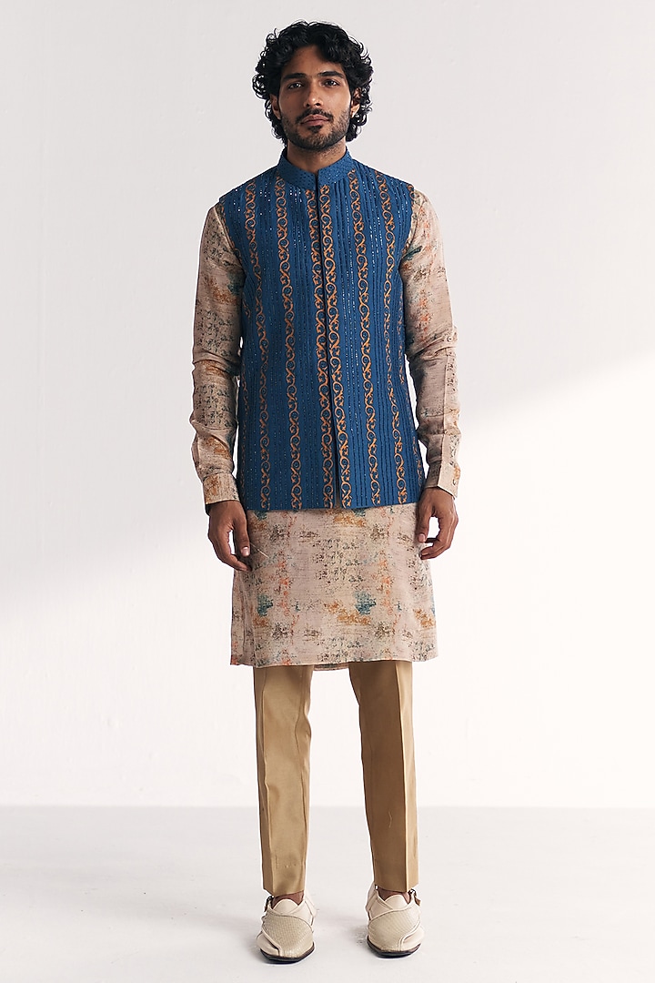 Blue Linen Satin Floral Embroidered Nehru Jacket Set by Studio Bagechaa Men at Pernia's Pop Up Shop