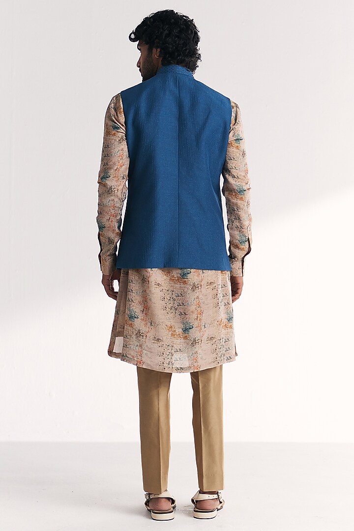 Blue Linen Satin Floral Embroidered Nehru Jacket Set by Studio Bagechaa Men at Pernia's Pop Up Shop