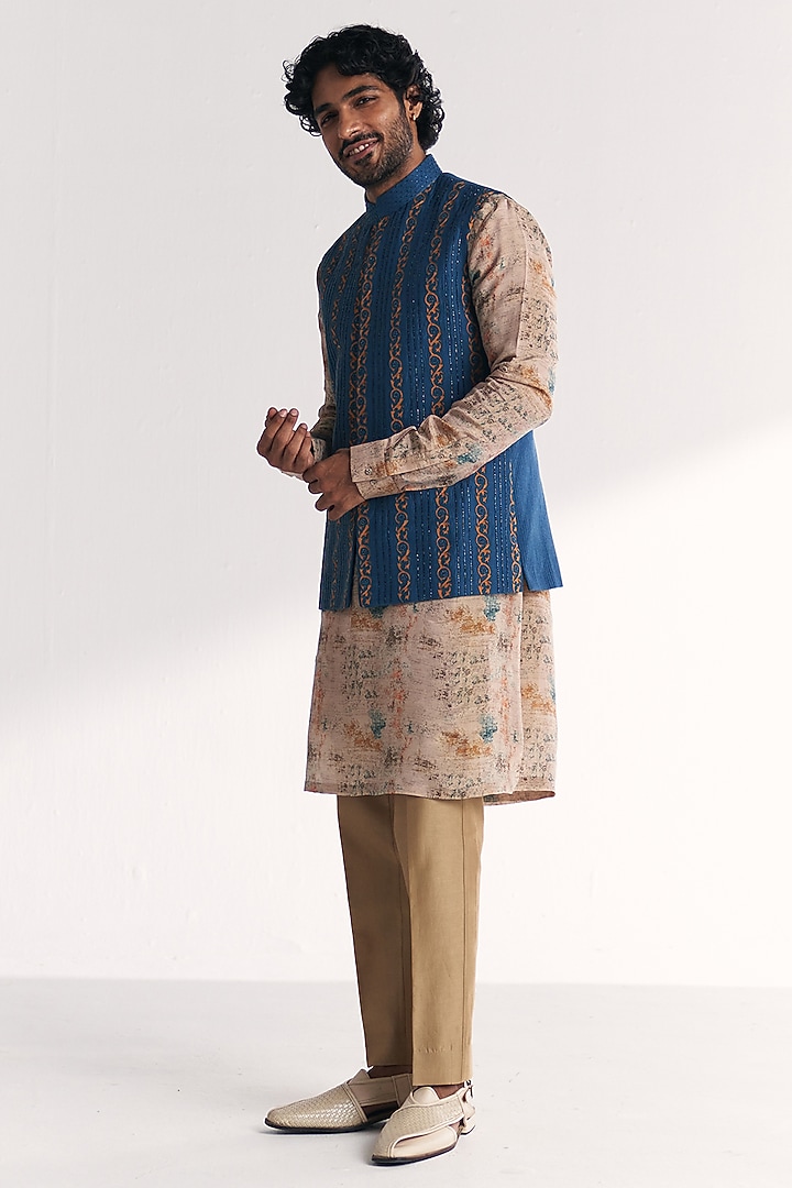 Blue Linen Satin Floral Embroidered Nehru Jacket Set by Studio Bagechaa Men at Pernia's Pop Up Shop