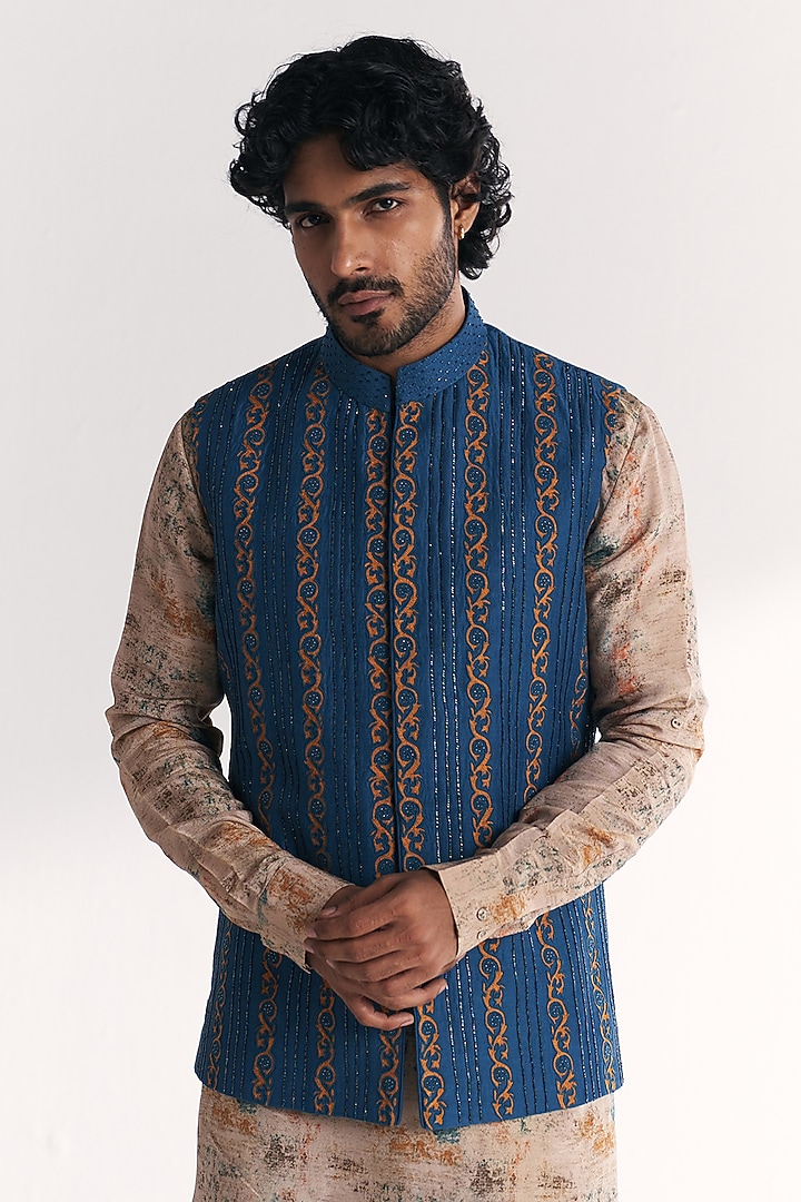Blue Linen Satin Floral Embroidered Nehru Jacket Set by Studio Bagechaa Men at Pernia's Pop Up Shop