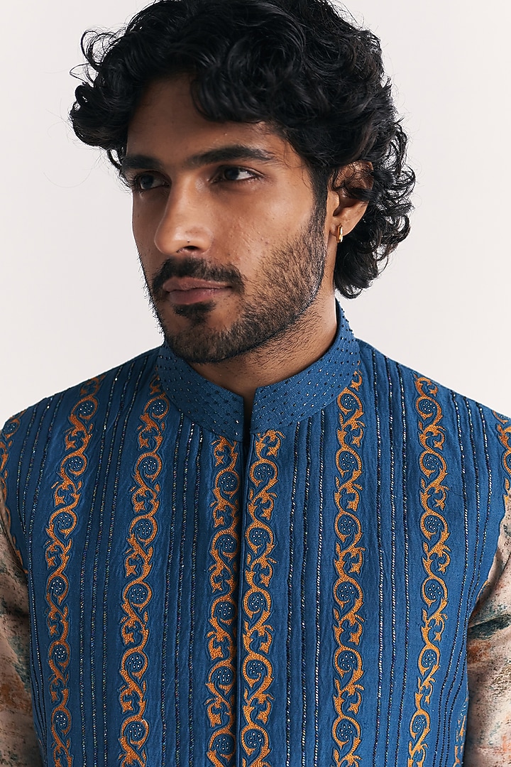 Blue Linen Satin Floral Embroidered Nehru Jacket Set by Studio Bagechaa Men at Pernia's Pop Up Shop