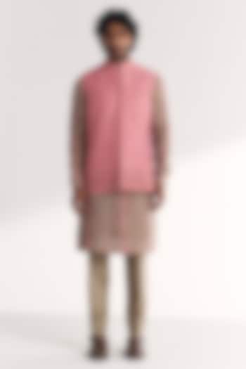 Pink Linen Satin Floral Embroidered Nehru Jacket Set by Studio Bagechaa Men at Pernia's Pop Up Shop