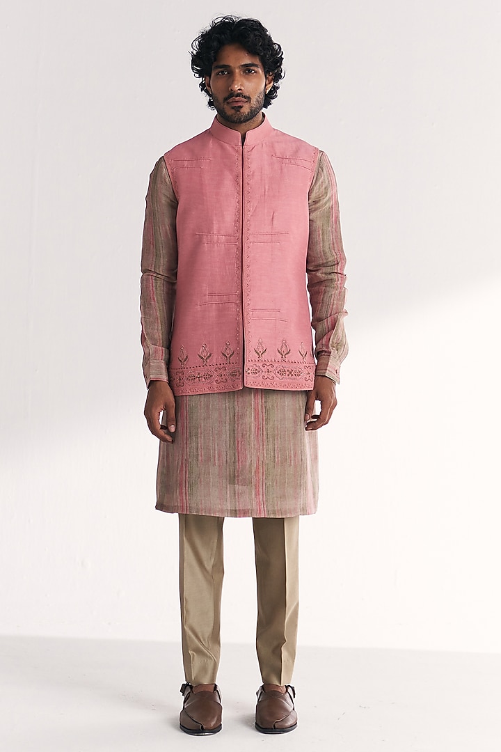 Pink Linen Satin Floral Embroidered Nehru Jacket Set by Studio Bagechaa Men at Pernia's Pop Up Shop