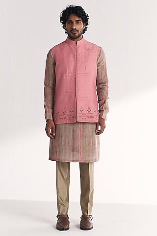 Pink Linen Satin Floral Embroidered Nehru Jacket Set by Studio Bagechaa Men