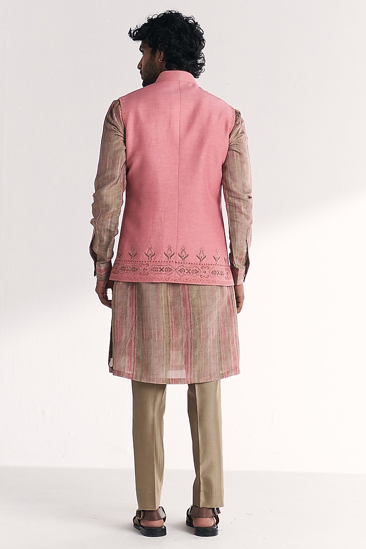Pink Linen Satin Floral Embroidered Nehru Jacket Set by Studio Bagechaa Men at Pernia's Pop Up Shop
