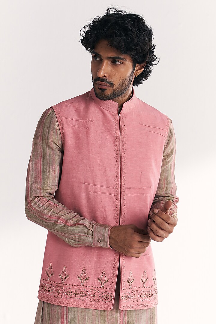 Pink Linen Satin Floral Embroidered Nehru Jacket Set by Studio Bagechaa Men at Pernia's Pop Up Shop