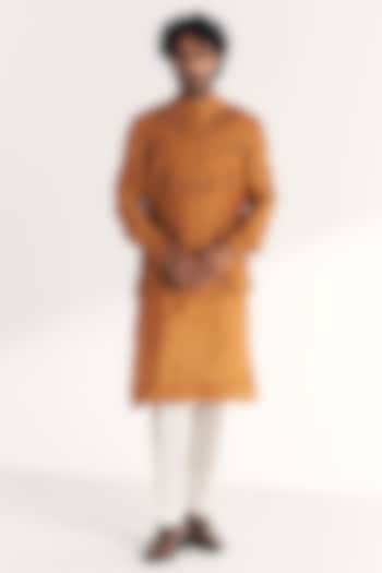 Mustard Linen Satin Floral Embroidered Nehru Jacket Set by Studio Bagechaa Men at Pernia's Pop Up Shop