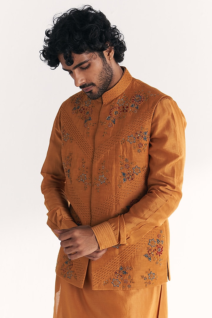 Mustard Linen Satin Floral Embroidered Nehru Jacket Set by Studio Bagechaa Men at Pernia's Pop Up Shop