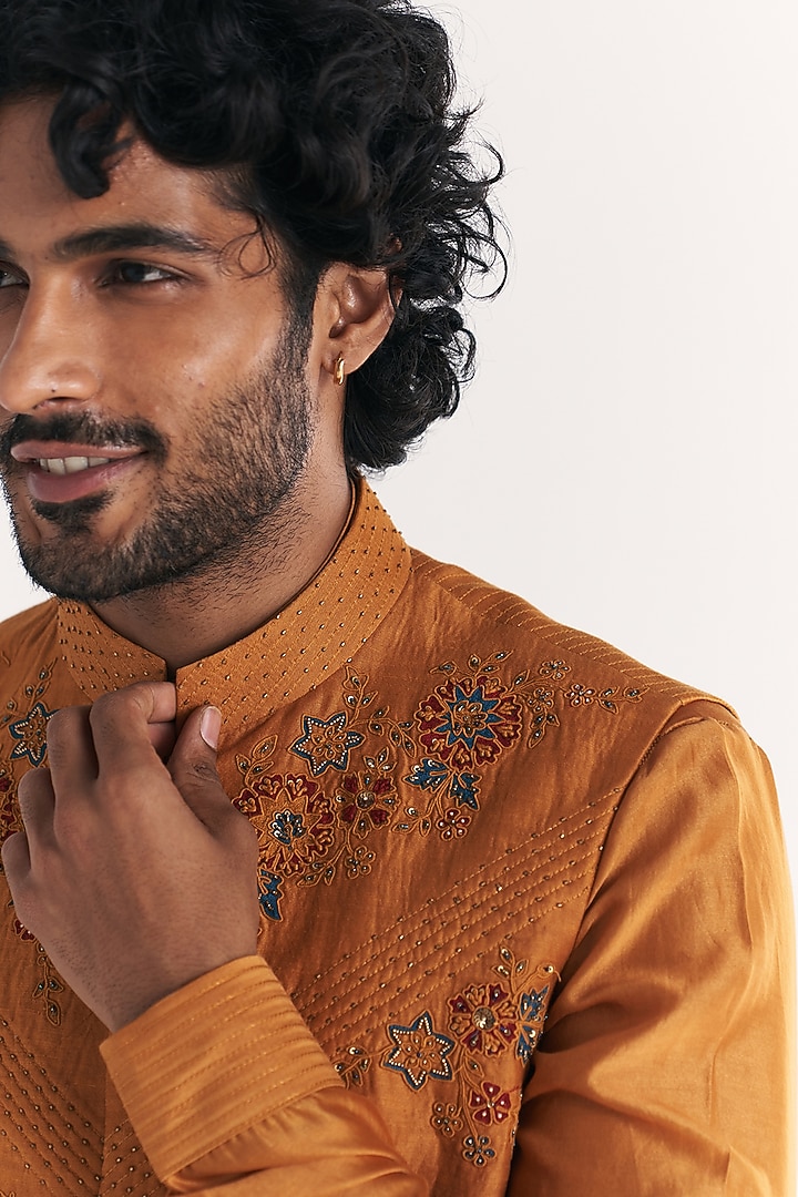 Mustard Linen Satin Floral Embroidered Nehru Jacket Set by Studio Bagechaa Men at Pernia's Pop Up Shop