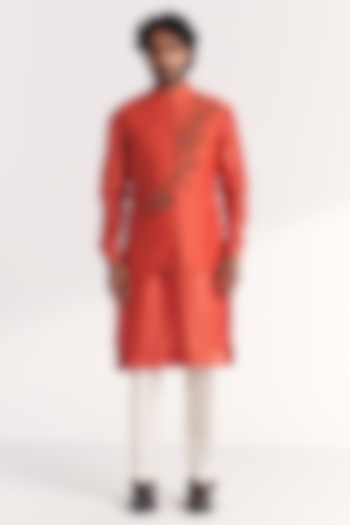 Tangerine Linen Satin Floral Embroidered Nehru Jacket Set by Studio Bagechaa Men at Pernia's Pop Up Shop