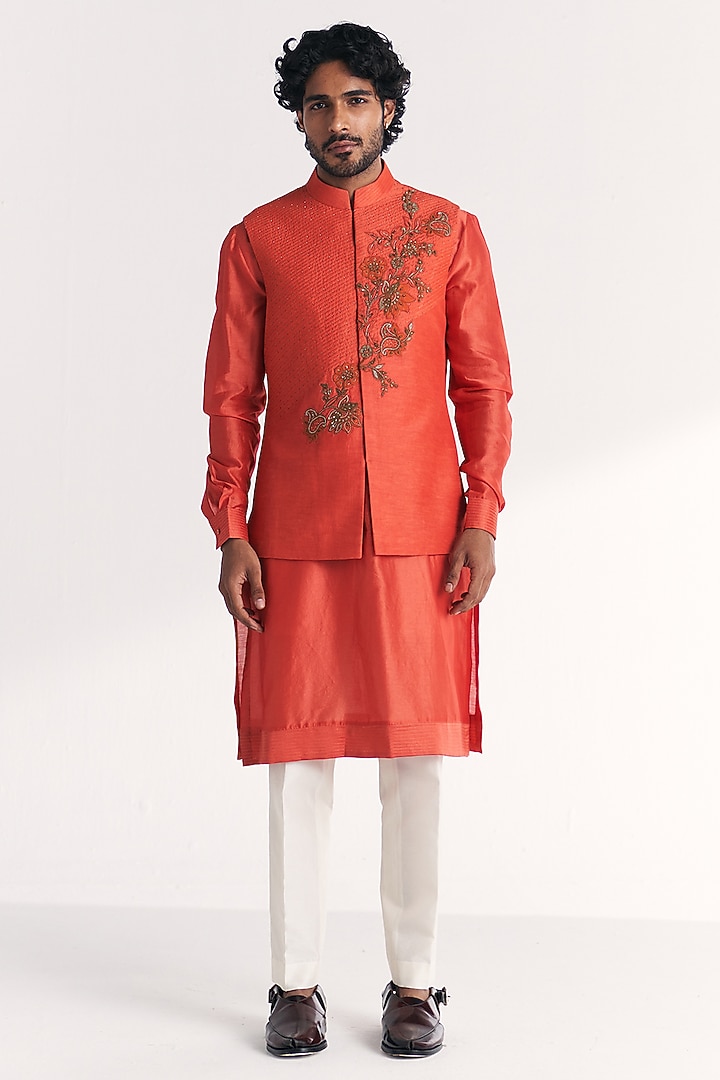 Tangerine Linen Satin Floral Embroidered Nehru Jacket Set by Studio Bagechaa Men at Pernia's Pop Up Shop