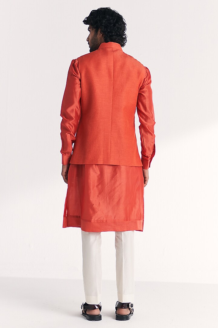 Tangerine Linen Satin Floral Embroidered Nehru Jacket Set by Studio Bagechaa Men at Pernia's Pop Up Shop