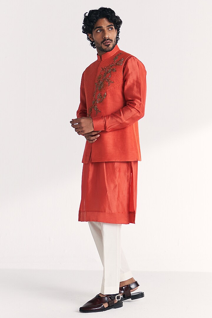 Tangerine Linen Satin Floral Embroidered Nehru Jacket Set by Studio Bagechaa Men at Pernia's Pop Up Shop