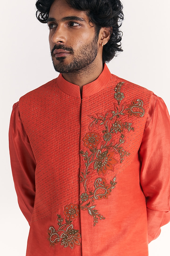 Tangerine Linen Satin Floral Embroidered Nehru Jacket Set by Studio Bagechaa Men at Pernia's Pop Up Shop