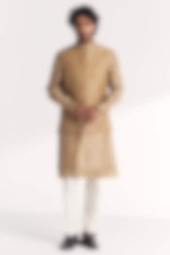 Green Linen Satin Floral Embroidered Nehru Jacket Set by Studio Bagechaa Men at Pernia's Pop Up Shop